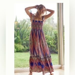 Anthropologie size Medium Petite Multicolor Ruffled Midi Dress bohemian smocked